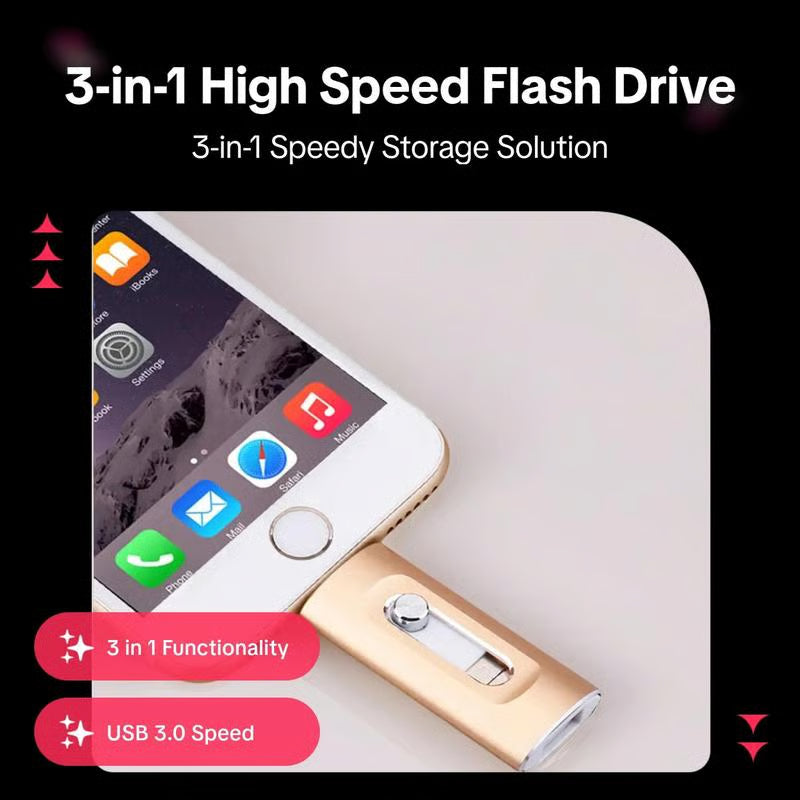⚡3 in 1 Flash Drive, Portable High Speed USB 3.0 Memory Storage