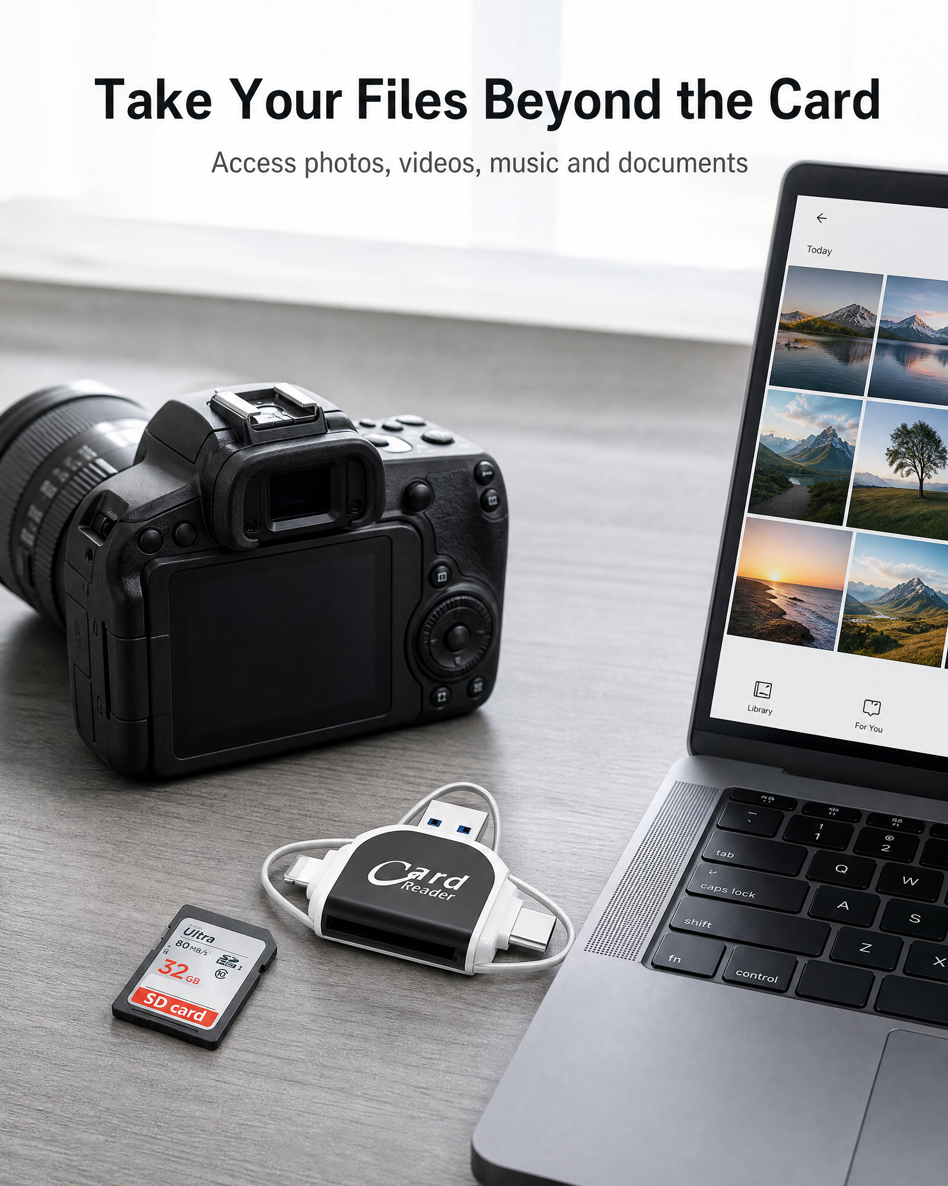 SnapLink card reader in a camera card to laptop file access setting