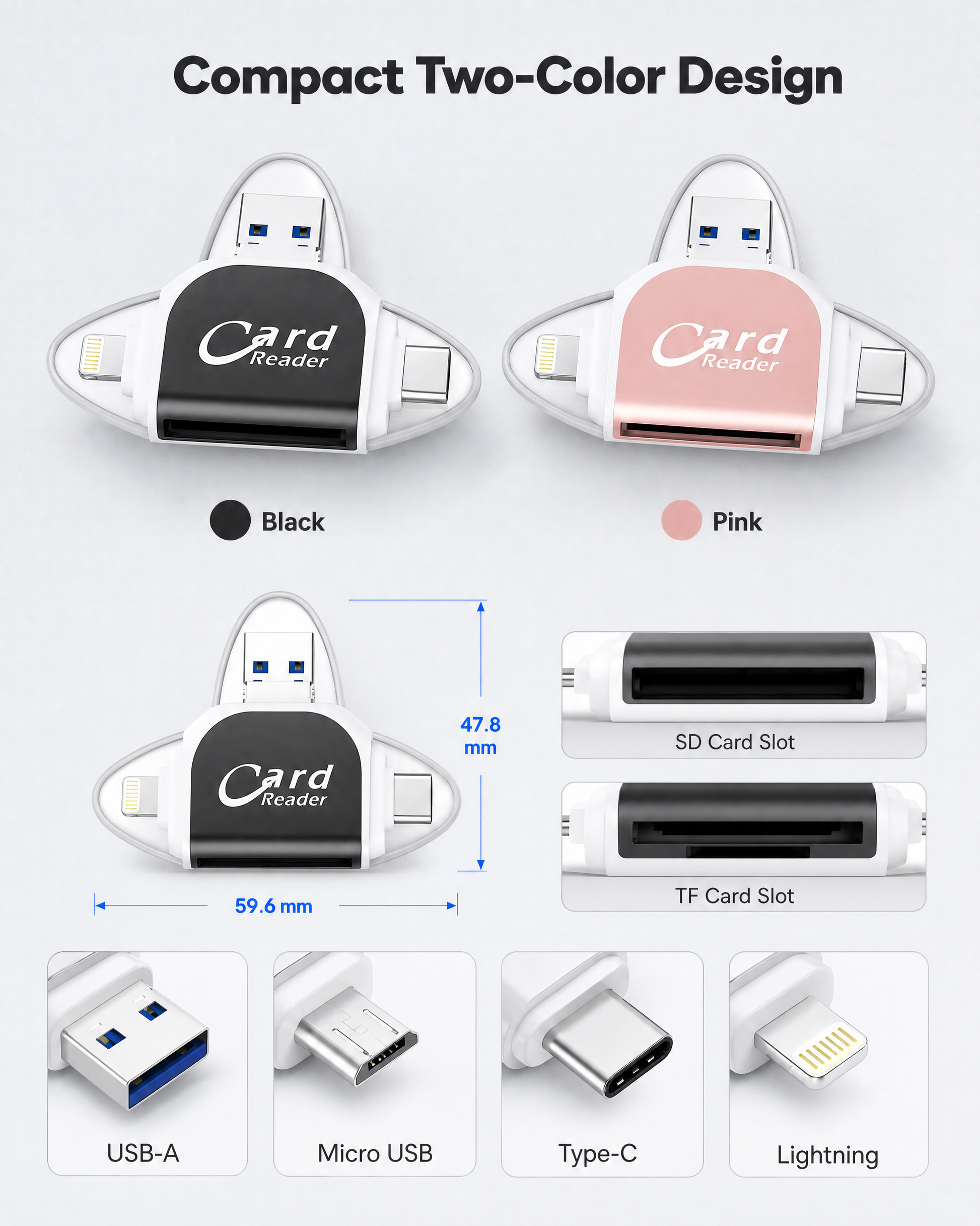 Black and pink SnapLink card reader color options with dimensions and connector details
